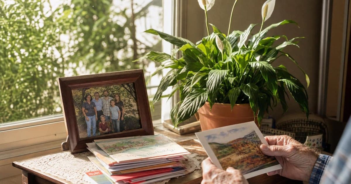 A sunlit corner of a living room features a small table adorned with a stack of colorful greeting cards, a framed family photo, and a potted peace lily, with green foliage providing a vibrant backdrop.