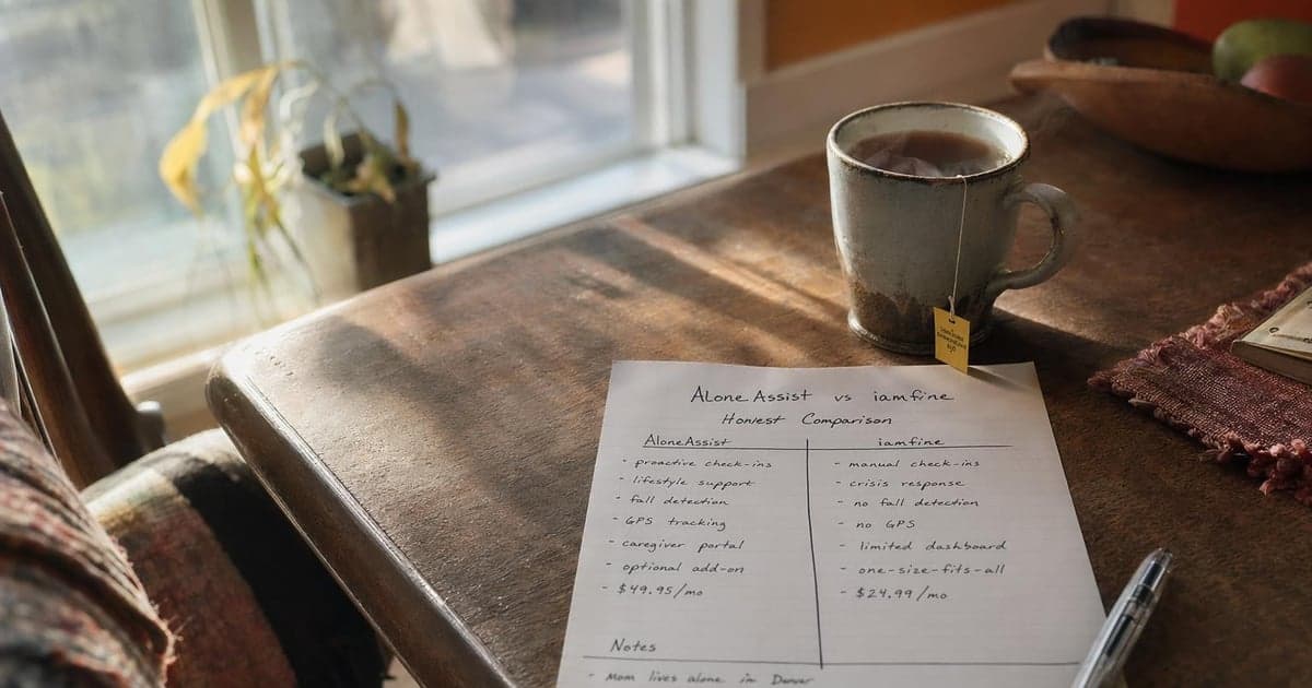 A sunlit kitchen with a notepad open on the table, a pen resting beside it, and a cup of herbal tea steaming gently in the foreground, while soft morning light filters through a nearby window casting patterns on the wooden surface.