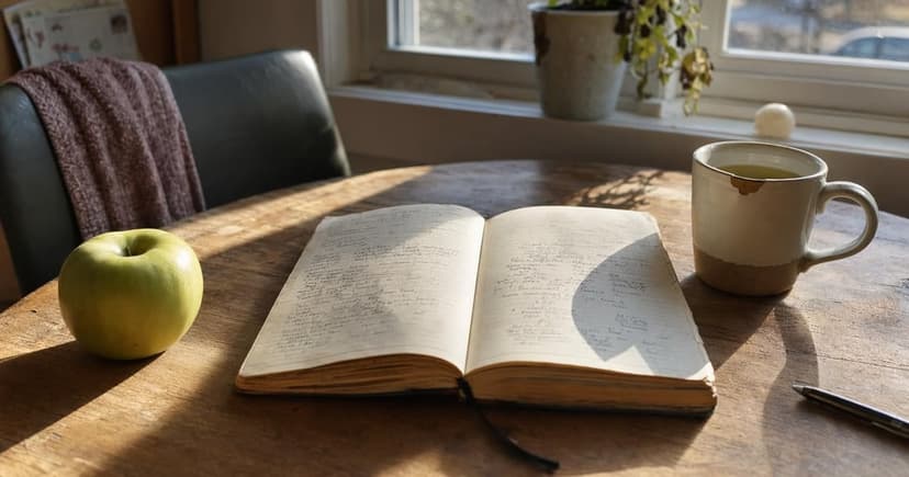A well-worn notebook lies open on a kitchen table, surrounded by a green apple and a half-full cup of herbal tea, with morning sunlight streaming through a window, casting soft shadows on the pages.