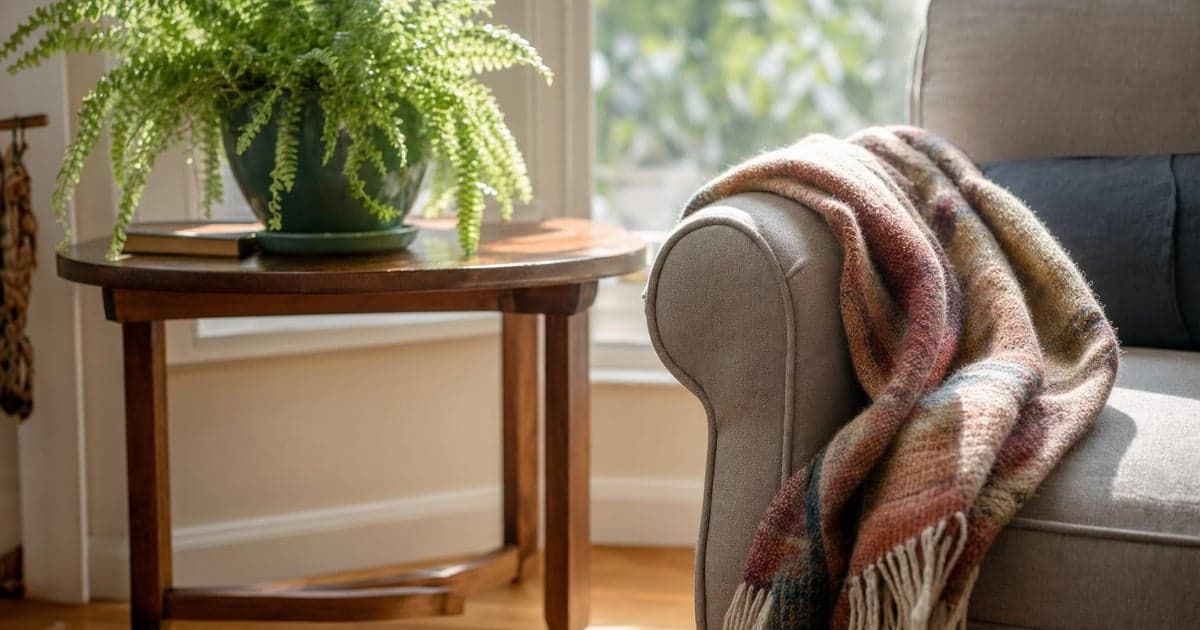 A sunlit living room with a green potted fern on a small side table, next to a woolen throw draped casually over the arm of a soft, comfortable armchair, while a colorful patterned rug covers the hardwood floor.
