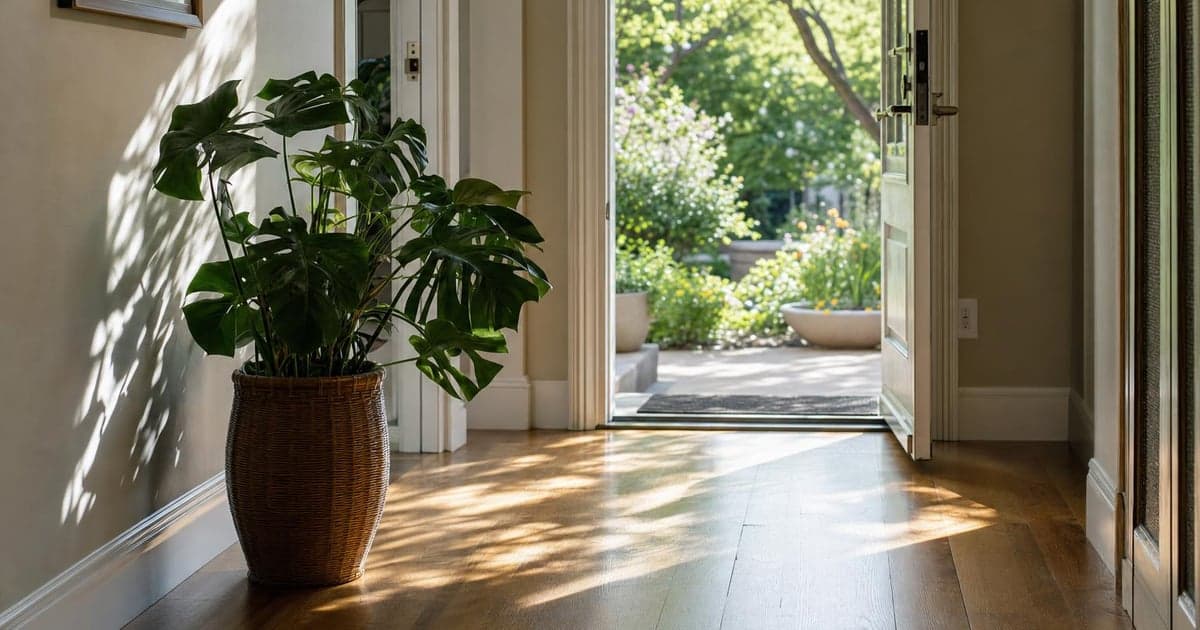 A bright, airy hallway with a doorway leading to a sunlit garden, framed by a leafy houseplant in the corner, casting delicate shadows on the wooden floor.