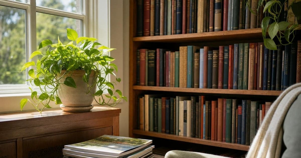 A sun-drenched corner of a cozy reading nook features a sturdy wooden bookshelf filled with hardback books, a plump green houseplant thriving on the windowsill, and a neatly arranged stack of magazines beside a soft armchair, inviting peaceful afternoon moments.