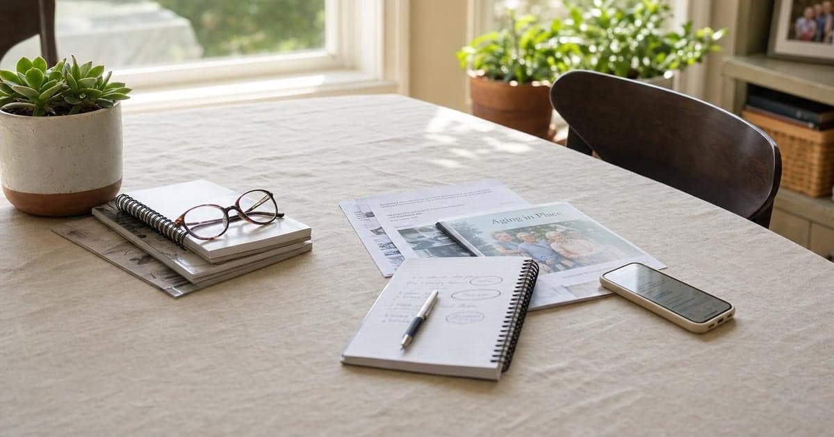 A soft linen tablecloth spreads across a sunlit dining table, with a potted succulent and a small stack of reading glasses resting in the foreground, while the afternoon light filters through a nearby window casting gentle shadows.