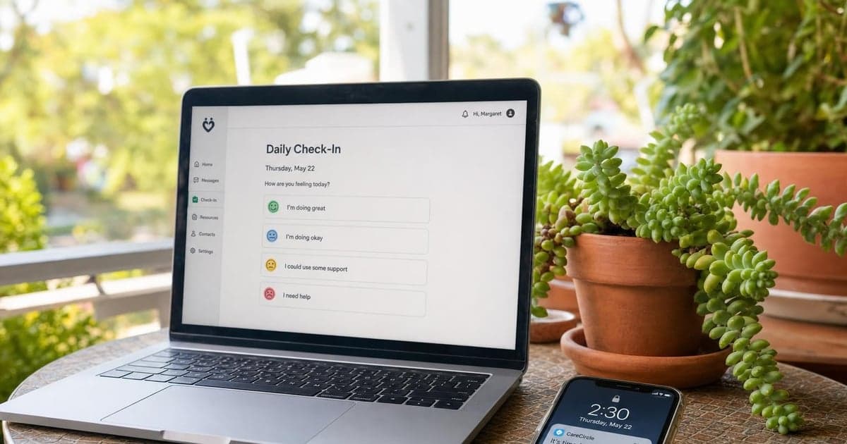 A laptop sits on a small patio table adorned with terracotta pots, one spilling over with vibrant green succulents, while a sleek smartphone displays a reminder notification in the foreground, all basking in afternoon sunlight.