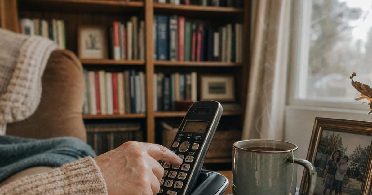 A close-up of a hand dialing a phone, surrounded by a cozy living room with a tall bookshelf in the background, a steaming mug of tea on a side table, and a picture frame resting nearby, catching the warm afternoon light from a nearby window.