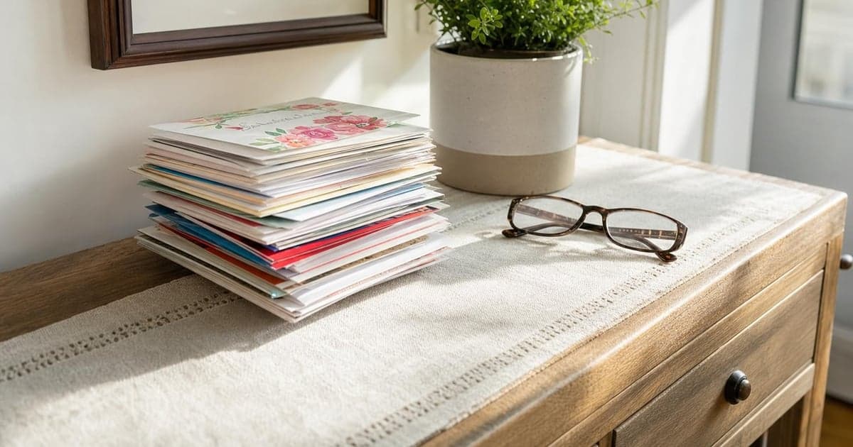 A sunlit entryway features a neatly organized stack of colorful greeting cards and a small potted plant atop a simple console table, with a pair of reading glasses resting next to the stack, casting soft shadows in the afternoon light.