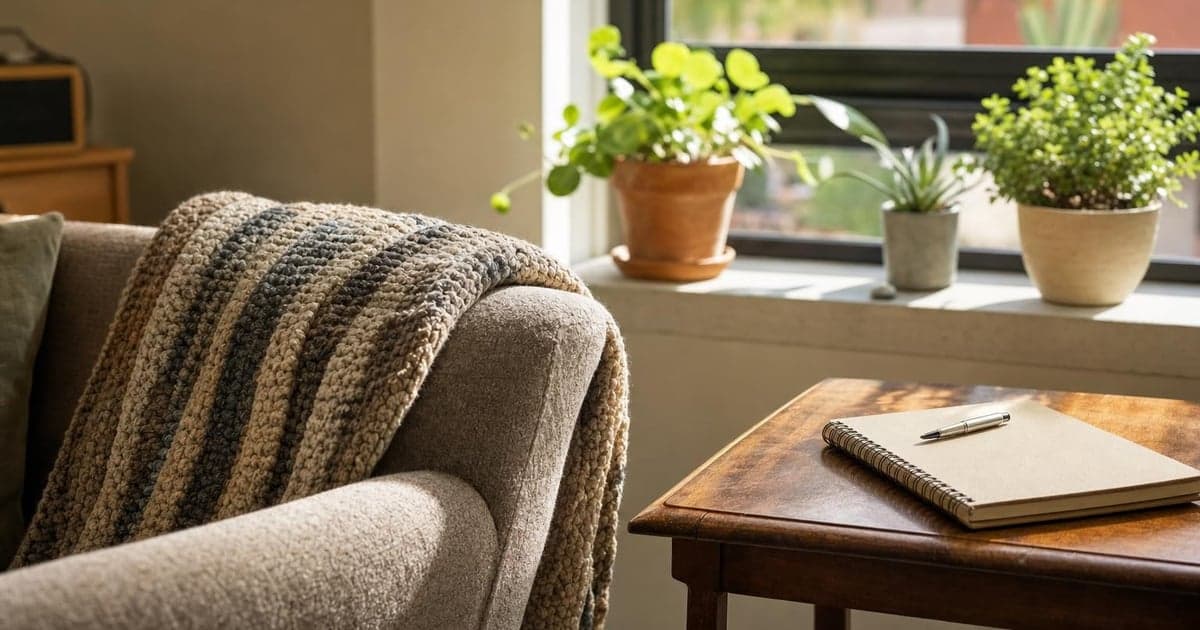 A close-up of a cozy living room corner with a beautifully folded knit throw draped over the arm of a soft chair, sunlight streaming through a nearby window, illuminating potted plants on the sill and casting gentle shadows on a small side table adorned with a notebook and pen.