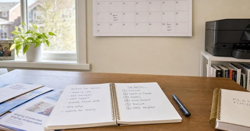 A clean, well-lit home office space features an open notebook filled with handwritten notes, a pen resting beside it, and a wall calendar displaying the current month prominently in the background.