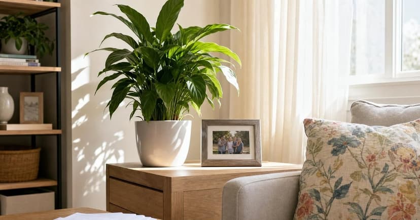 A sunlit living room with a large, vibrant houseplant perched on a light oak side table, casting a gentle shadow on the wall as rays of midday light filter through the sheer window curtains.