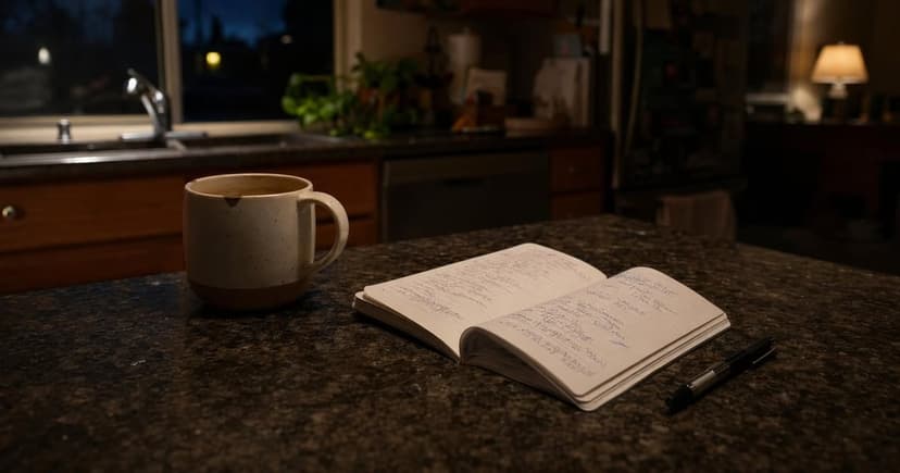 A dimly lit kitchen at 2 a.m., with a half-empty ceramic coffee cup resting on the counter, alongside an open notepad filled with scribbled notes and a pen lying beside it.