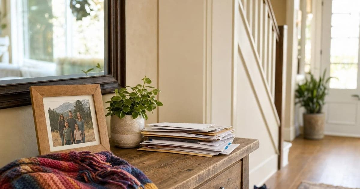 A sunlit hallway features a rustic wooden console table adorned with a framed family photo, a colorful knit scarf draped over one corner, and a stack of mail neatly arranged beside it, casting soft afternoon shadows.