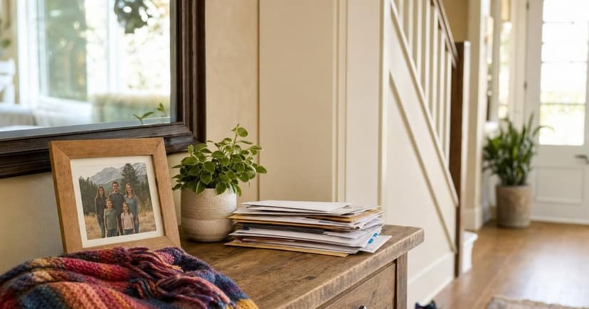A sunlit hallway features a rustic wooden console table adorned with a framed family photo, a colorful knit scarf draped over one corner, and a stack of mail neatly arranged beside it, casting soft afternoon shadows.