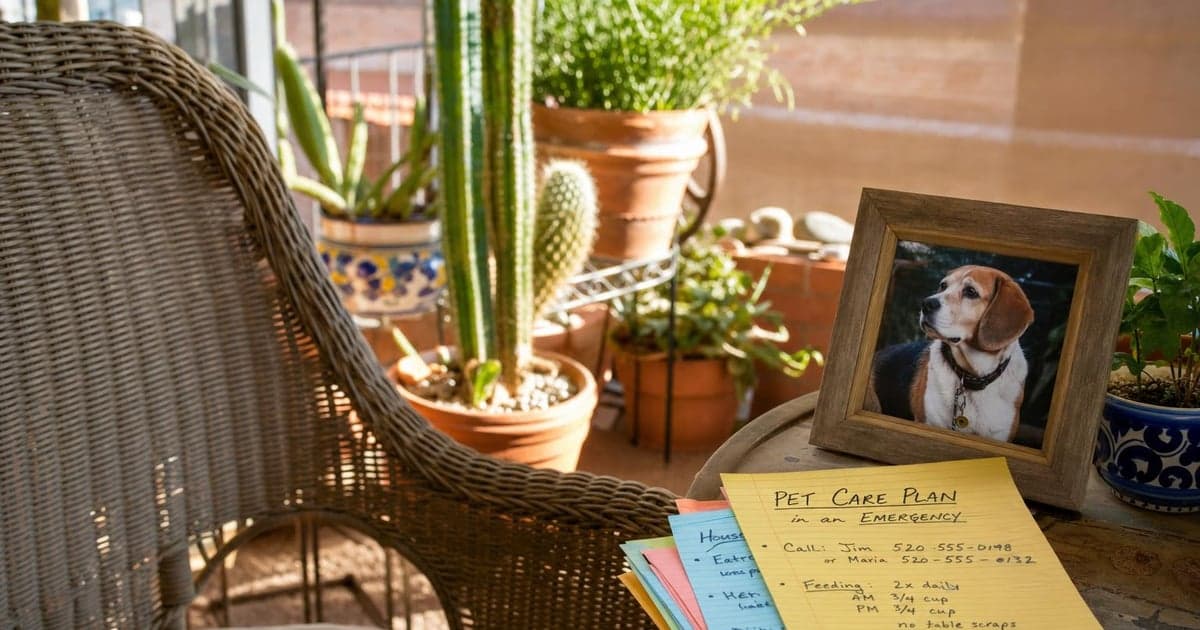 A sunlit porch features a wicker chair facing a small table piled with a colorful stack of handwritten pet care instructions and a framed photo of a dog, surrounded by potted plants catching the warm, midday light.