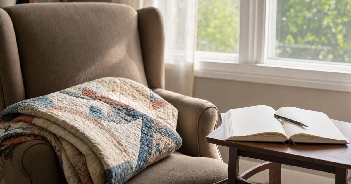 A cozy reading nook bathed in warm afternoon light, featuring a neatly folded quilt draped over a plush armchair and a small side table holding an open notebook with a pen resting atop, near a large window with light filtering through sheer curtains.
