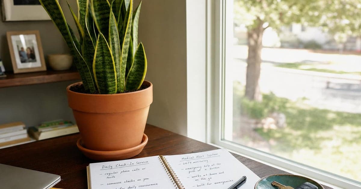 A sunlit home office desk with a potted snake plant, its leaves vibrant against a terracotta-colored pot, sits next to a notebook opened to a page filled with notes and comparisons, alongside a small key bowl reflecting morning light.