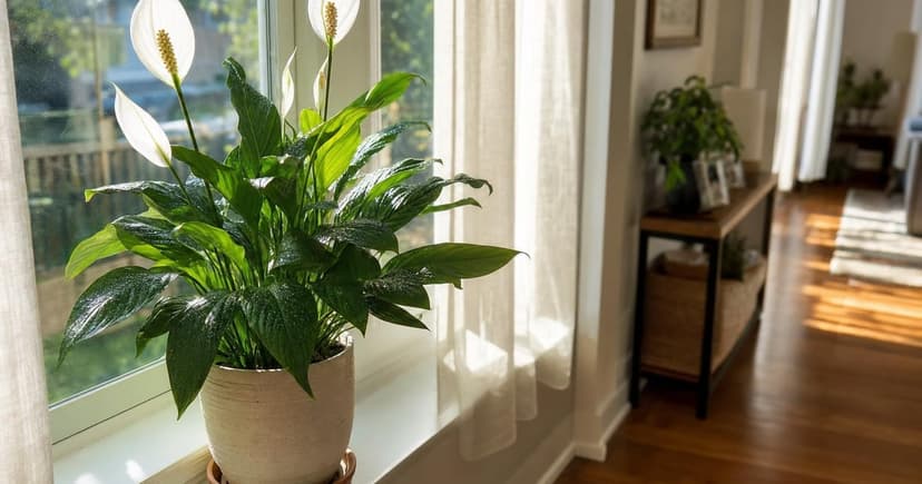 A sunlit living room with a vibrant potted peace lily perched on a windowsill, its leaves glistening with droplets of water from recent care, while sunlight filters through sheer curtains, casting gentle shadows on the polished hardwood floor.