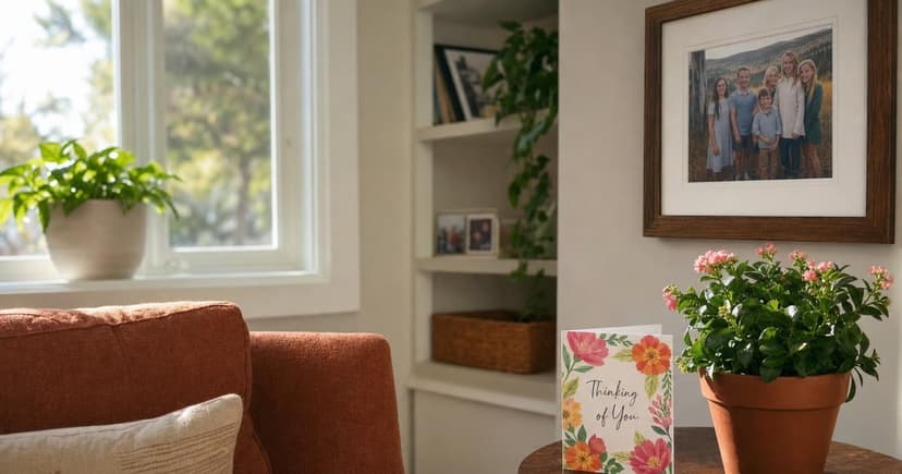 A stack of colorful greeting cards adorned with floral patterns sits on a sunlit entryway table, casting soft shadows against a terracotta vase filled with fresh garden-picked flowers.