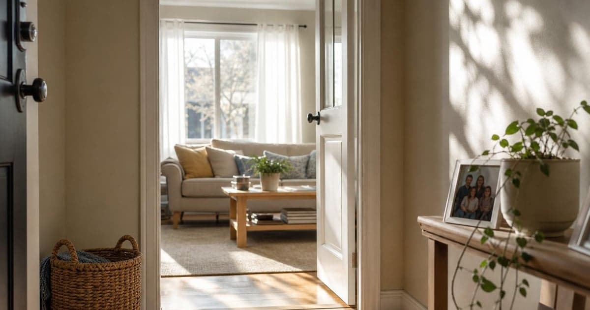 A sun-drenched hallway with a smooth wooden floor leads to an open door revealing a bright living room, where sunlight filters through sheer curtains, casting delicate patterns on the walls.