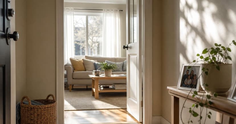 A sun-drenched hallway with a smooth wooden floor leads to an open door revealing a bright living room, where sunlight filters through sheer curtains, casting delicate patterns on the walls.