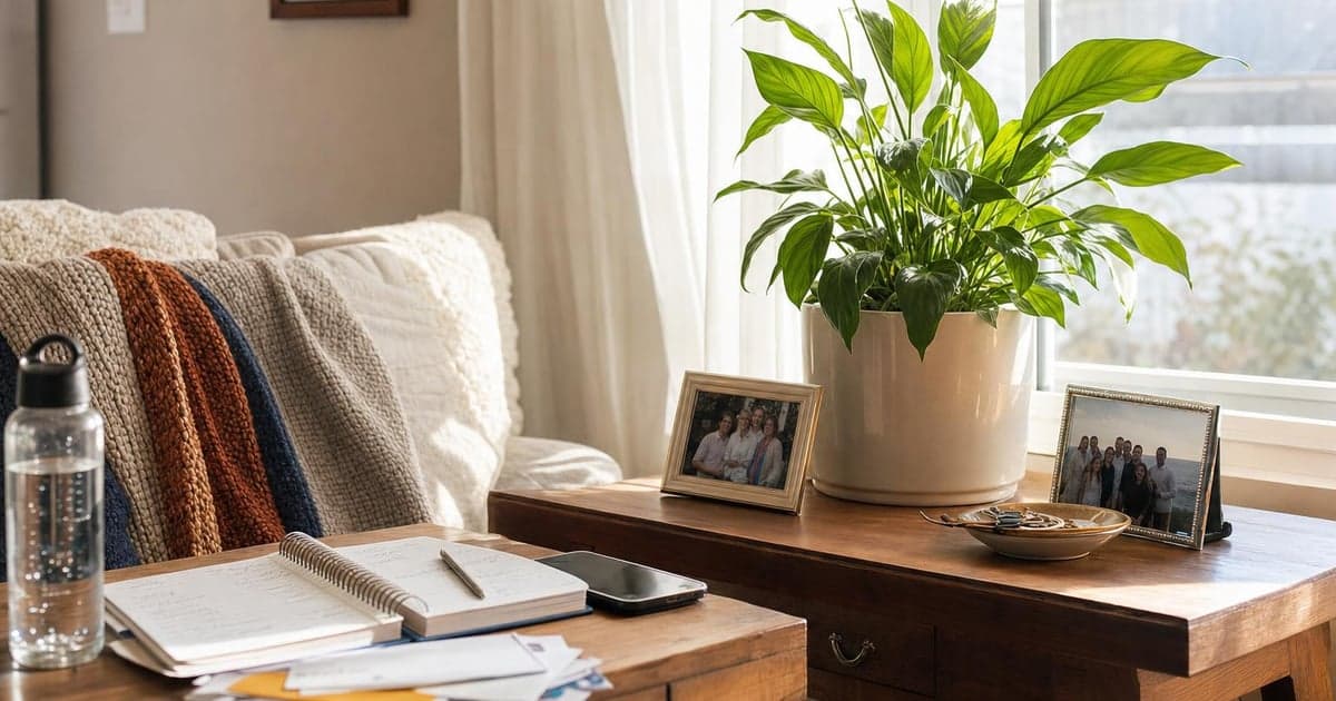 A bright, sunlit living room with a large potted peace lily on a wooden side table, its green leaves reaching towards the window where soft afternoon light filters through sheer curtains.