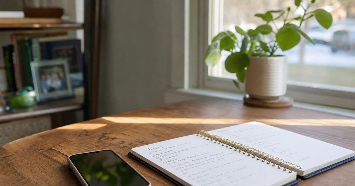 A well-worn wooden table holds a sleek smartphone resting face up next to an open notebook filled with neatly written to-do lists, while soft afternoon light streams through a nearby window casting warm shadows.