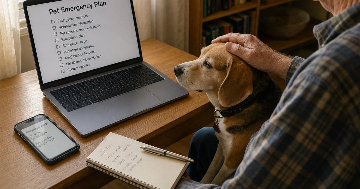 A wooden desk holds an open laptop displaying a checklist titled 'Pet Emergency Plan' while a smartphone rests nearby, the afternoon light filtering through a window and casting gentle shadows.