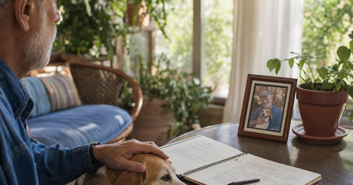 A sunlit sunroom filled with greenery where a notebook, open to a page filled with notes, sits atop a small round table, beside a framed photo of a smiling older adult with their dog.