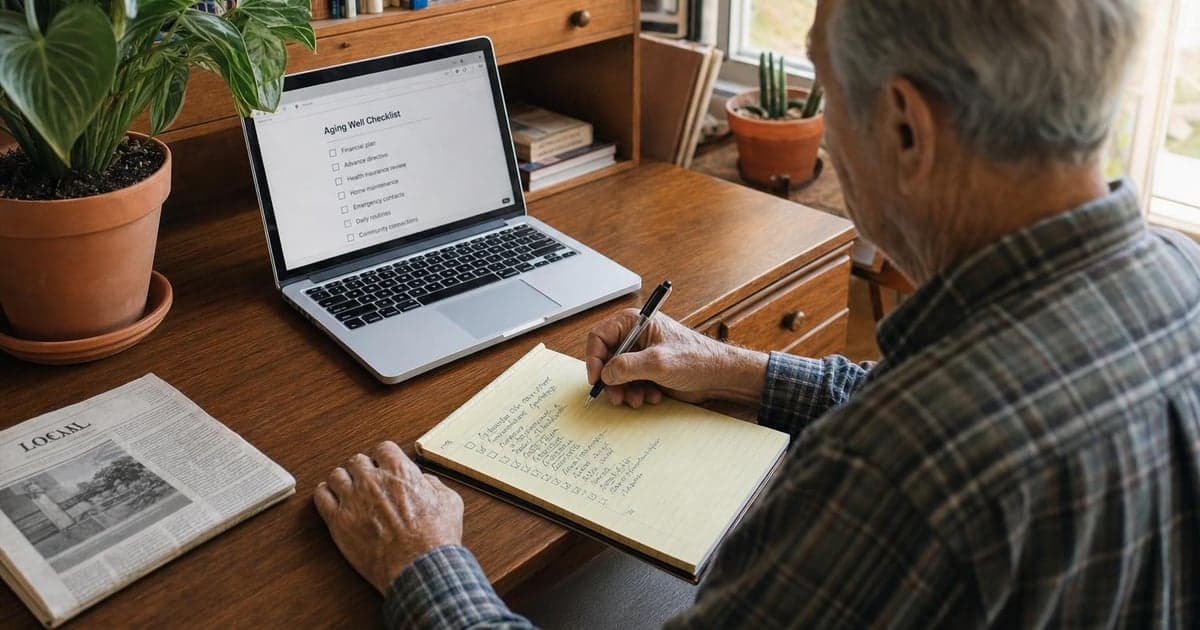 A sunlit study corner featuring a wooden desk, cluttered with a half-opened laptop displaying an online checklist alongside a notepad filled with handwritten notes, while a potted plant softly fills the background.