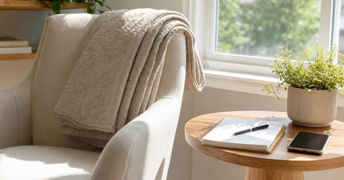 A neatly folded linen quilt draped over the back of a sunny armchair, light streaming through a nearby window, illuminating a small side table with a notepad and a pen resting on it.