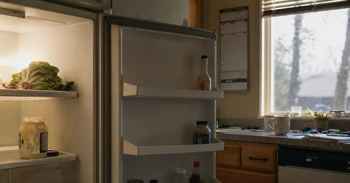 An opened fridge with a few scattered items, including a wilted lettuce head and a half-empty jar of mayonnaise, casts a harsh light from a nearby window illuminating the dusty shelves.