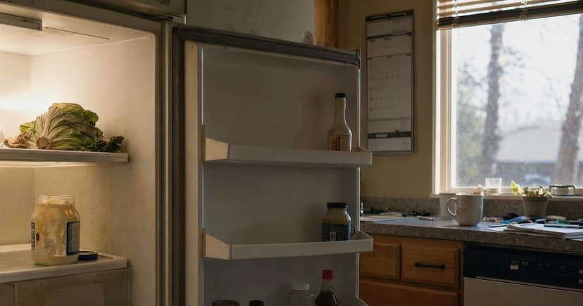 An opened fridge with a few scattered items, including a wilted lettuce head and a half-empty jar of mayonnaise, casts a harsh light from a nearby window illuminating the dusty shelves.