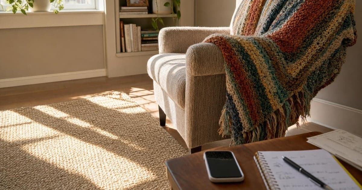 A colorful knit throw is draped over the back of a cozy armchair, with sunlight streaming through the nearby window, creating warm patterns on the floor.