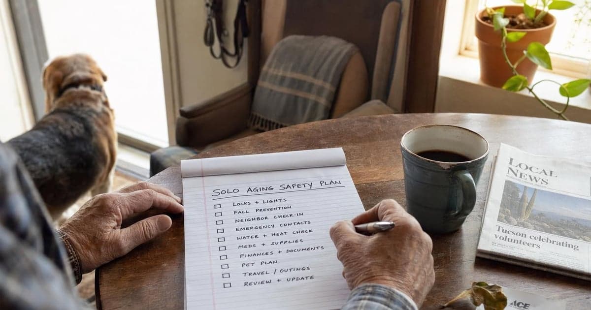 A hand reaches for a well-worn checklist, pen poised above a series of practical safety measures outlined on a notepad resting on a cozy kitchen table, softly illuminated by warm morning light filtering through a nearby window.