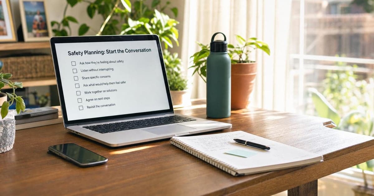 A bright, inviting desk in a sunlit home office, featuring an open laptop displaying a checklist for safety planning, surrounded by vibrant houseplants and a neatly organized notepad.