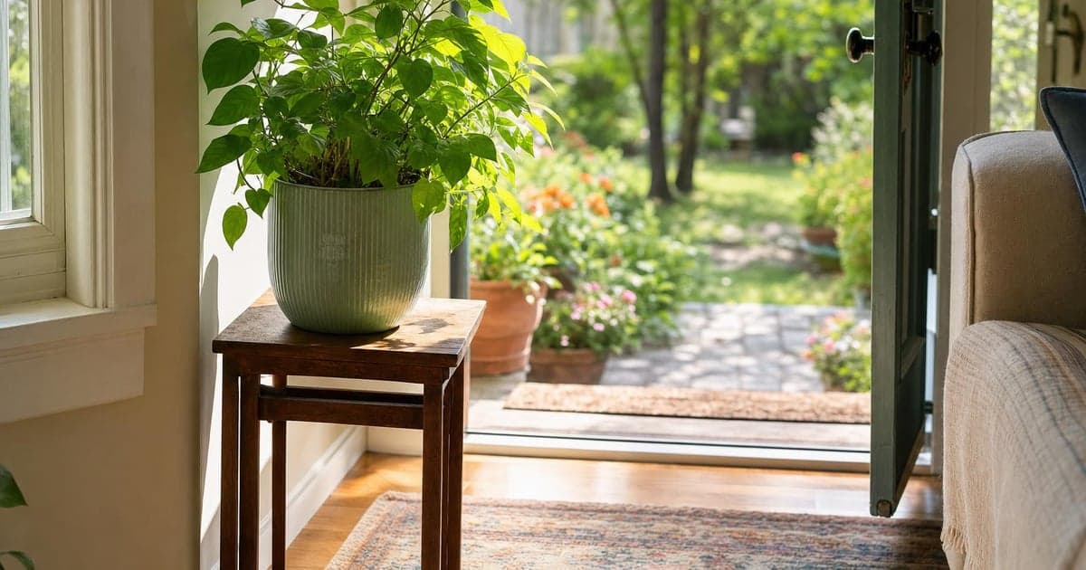The sunlight streams through a large living room window, illuminating a bright green potted plant placed on a small end table near the threshold of an open doorway that leads to a garden.