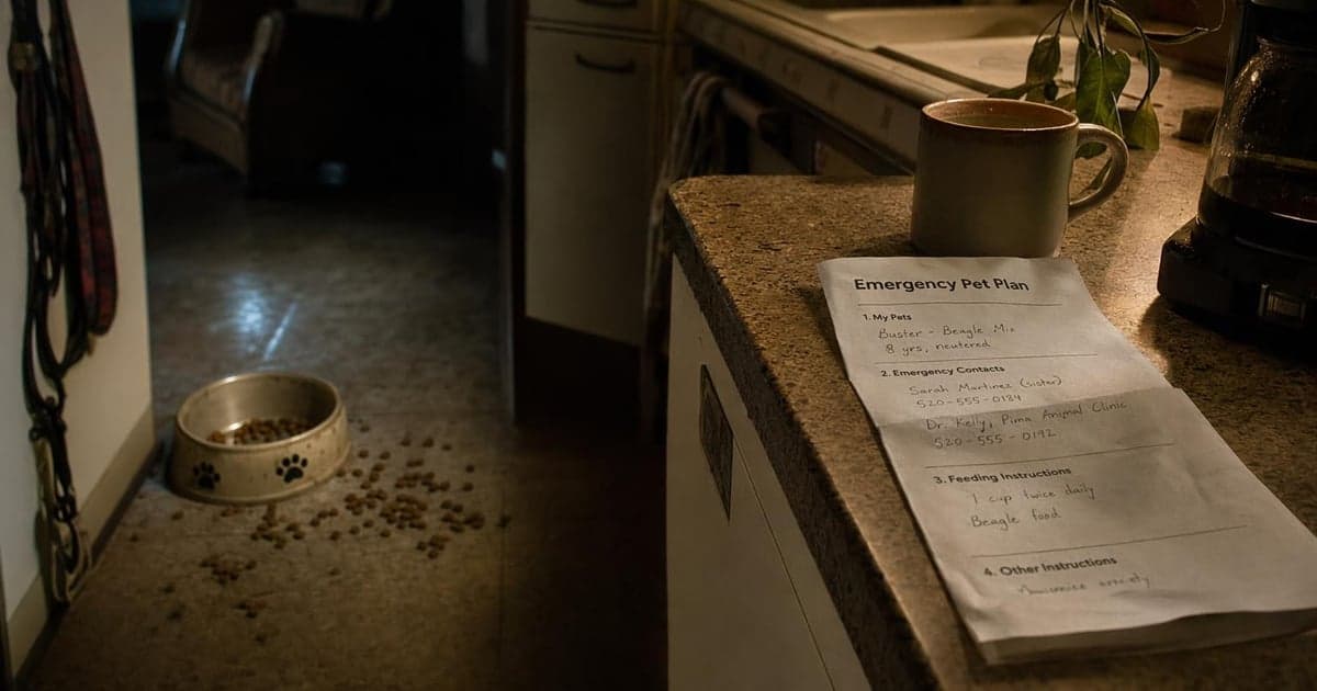 A dimly lit kitchen at 2 a.m., with a half-empty dog bowl on the floor and a flickering light above casting long shadows over a folded piece of paper detailing an emergency pet plan laid out on the counter.