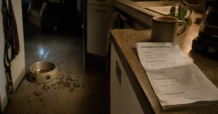 A dimly lit kitchen at 2 a.m., with a half-empty dog bowl on the floor and a flickering light above casting long shadows over a folded piece of paper detailing an emergency pet plan laid out on the counter.