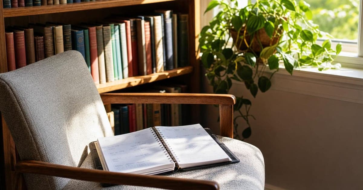 A sun-drenched reading nook features a wooden bookshelf crammed with hardback books, while a vibrant green houseplant sprawls on the window sill, sunlight casting soft shadows across the pages of an open planner resting on a cushioned chair.