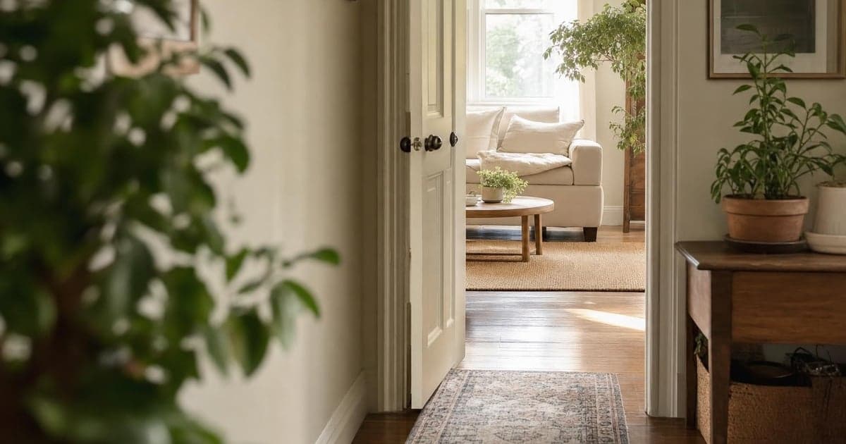 A sunlit hallway showcasing a partially open door leading to a cozy living room, with lush green plant leaves visible in the foreground and hints of sunlight filtering through the doorway.