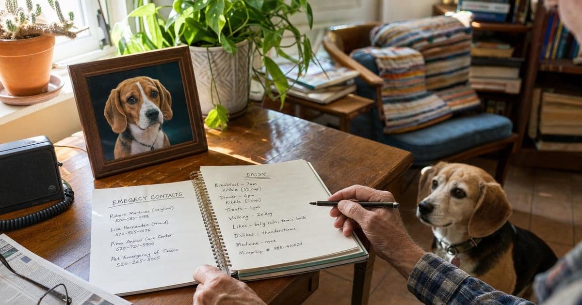 A wooden desk in a sunlit corner of a cozy living room, cluttered with a checklist of emergency contacts and a notebook filled with handwritten care instructions for a dog, a framed picture of the dog sits in the background.