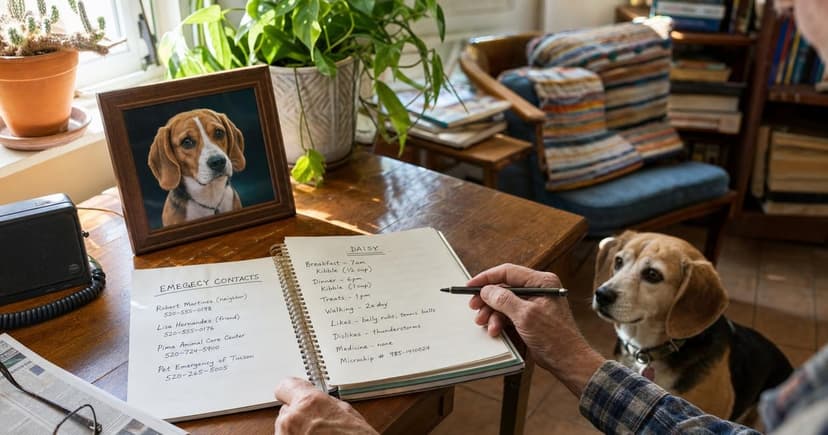 A wooden desk in a sunlit corner of a cozy living room, cluttered with a checklist of emergency contacts and a notebook filled with handwritten care instructions for a dog, a framed picture of the dog sits in the background.